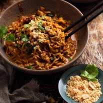 Thai Chicken Peanut Noodles in a bowl, ready to be eaten