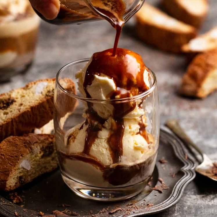 Pouring coffee over ice cream for Affogato