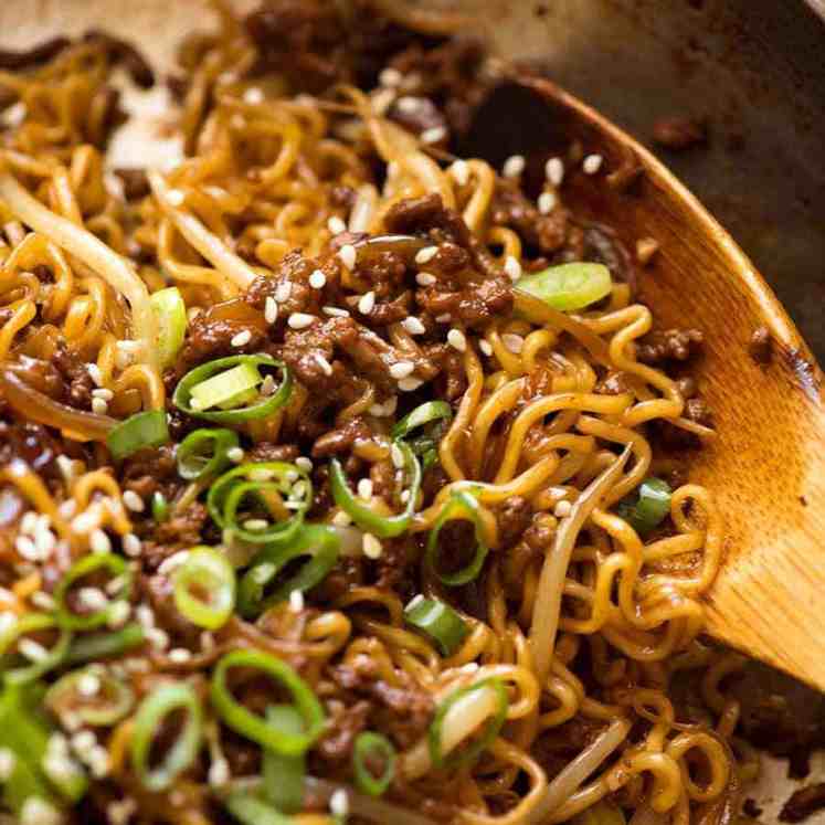 Close up of Quick Asian Beef Ramen Noodles fresh off the stove, ready to be served