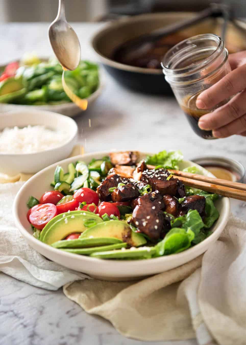 Asian Salmon Salad - Salmon dripping in a gorgeous Asian glaze on a fresh, vibrant salad drizzled with sesame dressing. Quick to make, packed with serious flavour! www.recipetineats.com