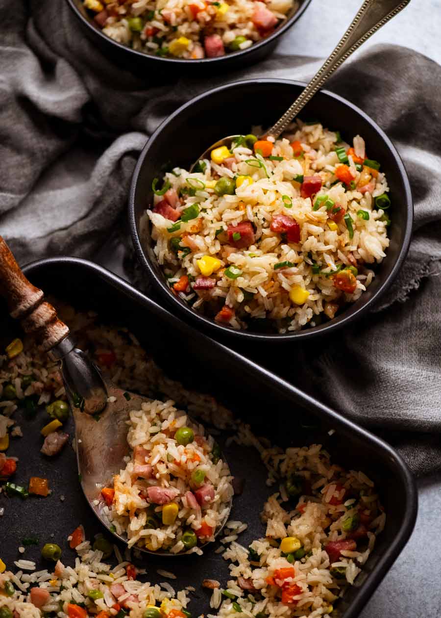 Overhead photo of "Dump 'n Bake" Fried Rice in bowls, ready to be eaten