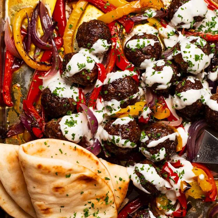 Freshly made Baked lamb kofta meatballs and vegetables