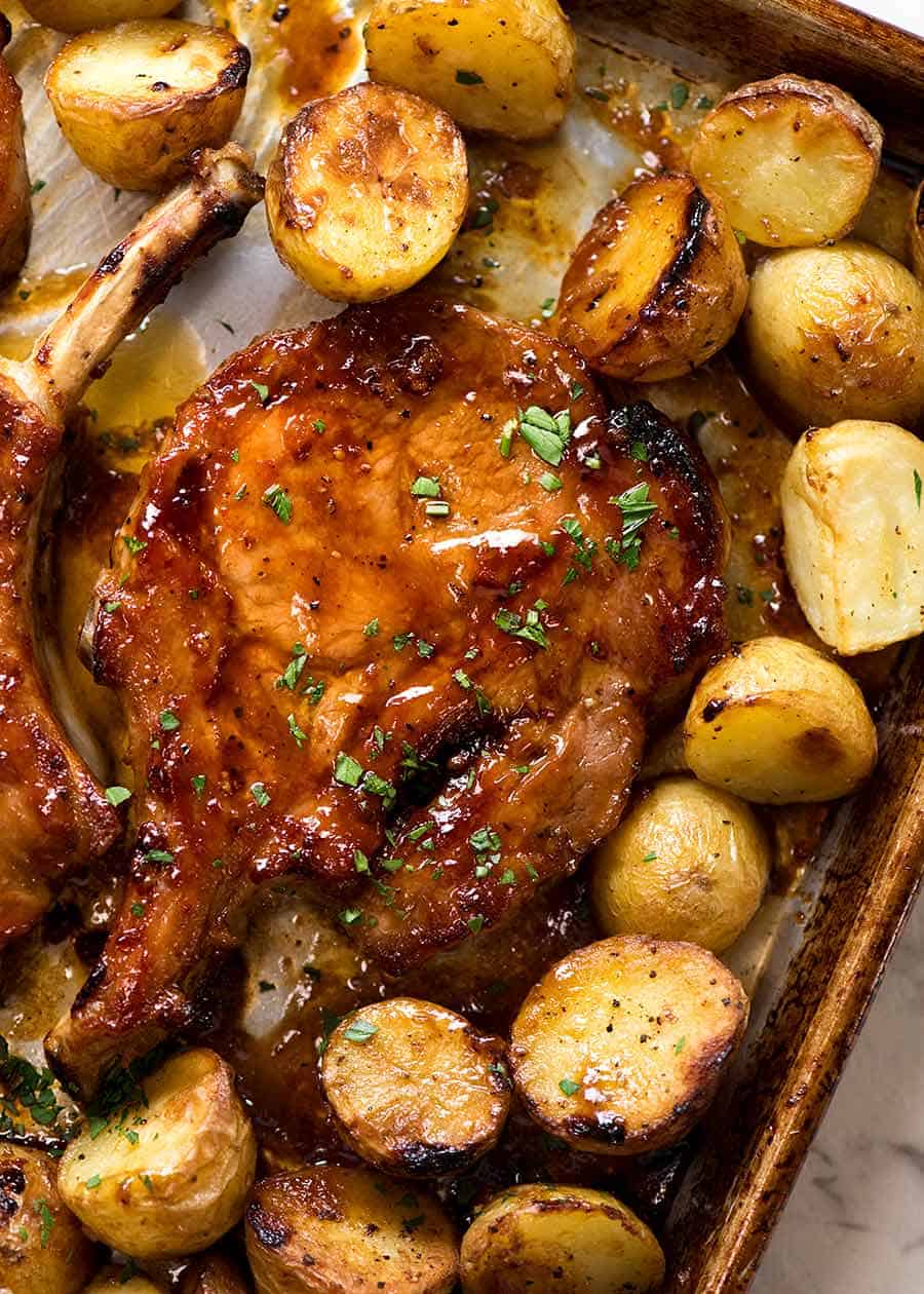 Overhead photo of Oven Baked Pork Chops, fresh out of the oven