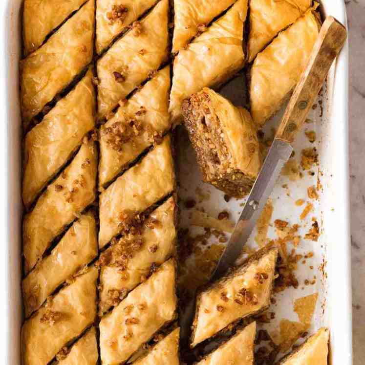 Overhead photo of Baklava in a white pan