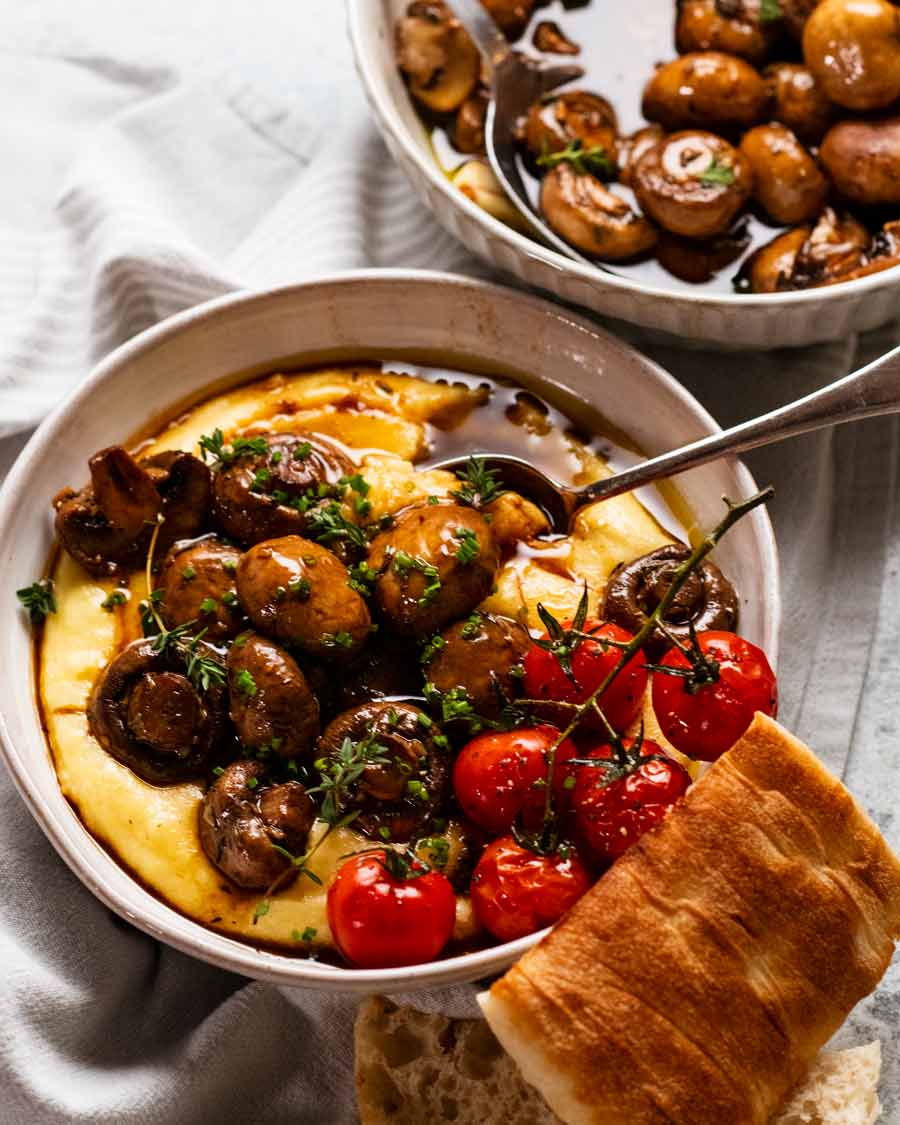 Balsamic marinated mushrooms on polenta