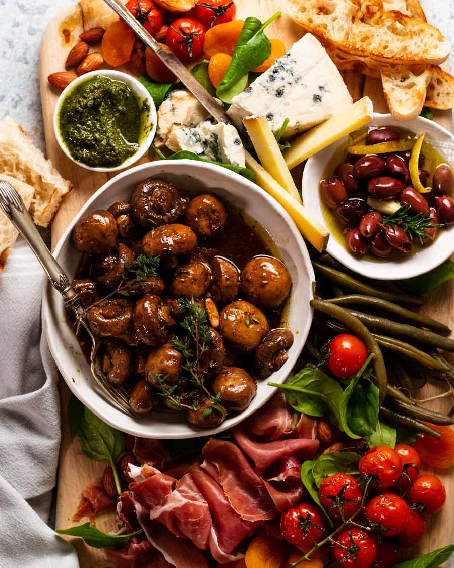 Grazing board with Balsamic marinated mushrooms