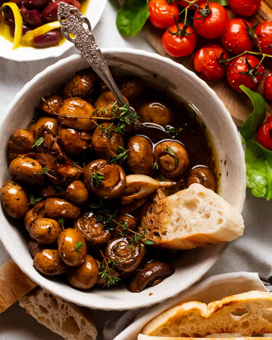 Bowl of Balsamic marinated mushrooms