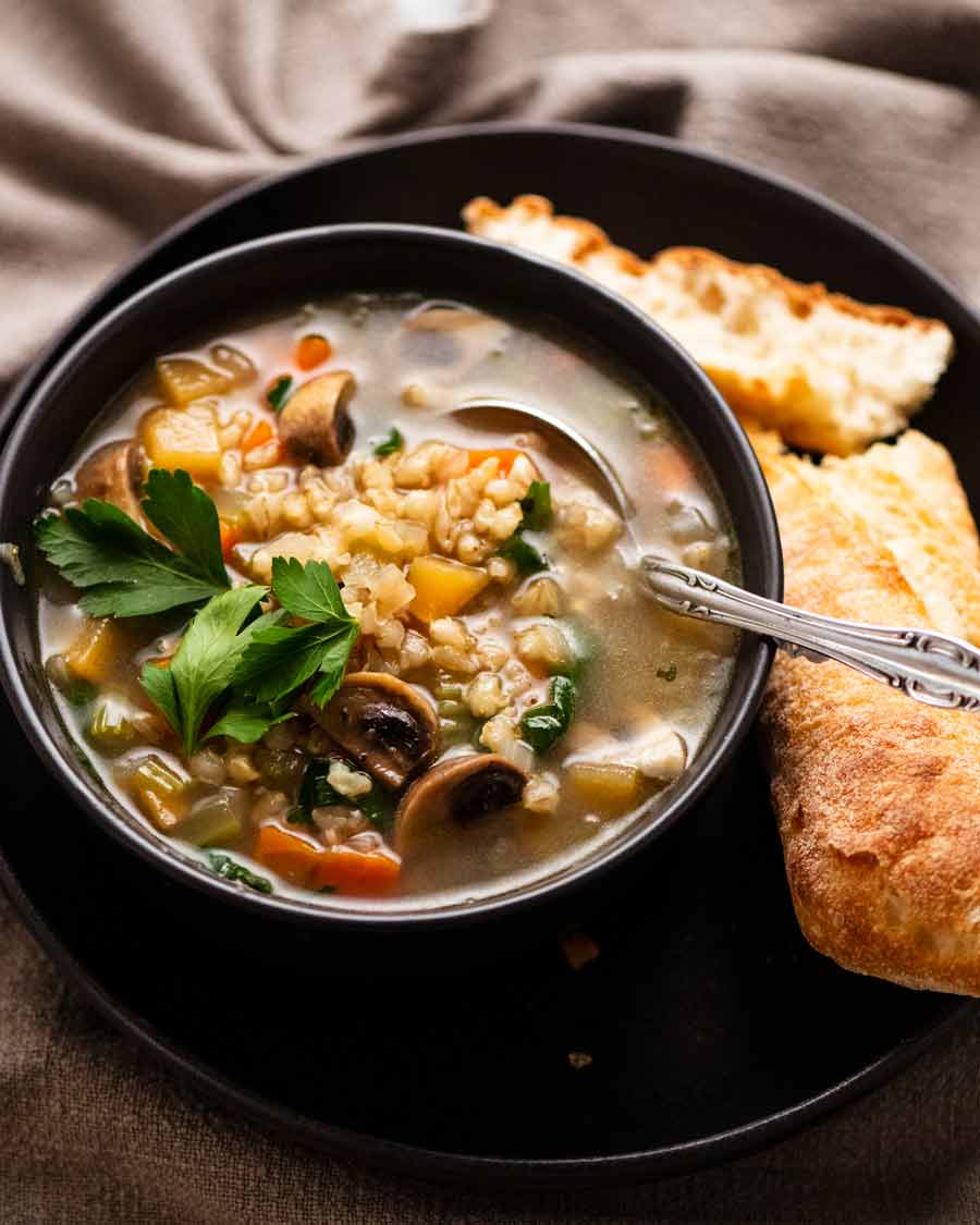 Pearl Barley Soup in a bowl ready to be eaten