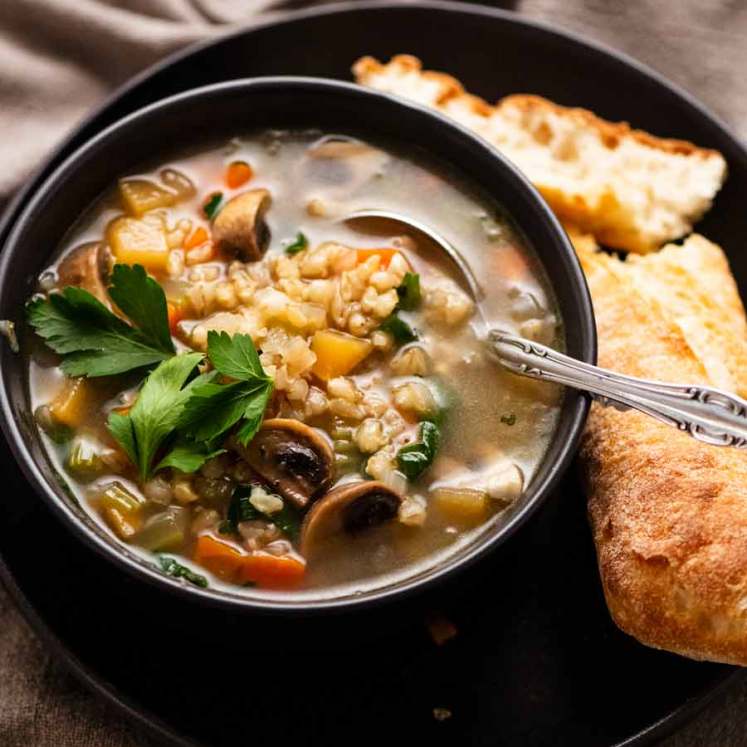 Pearl Barley Soup in a bowl ready to be eaten