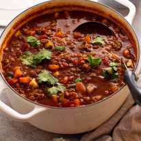 Pot of Beef and Lentil Soup (ground beef / beef mince) fresh off the stove