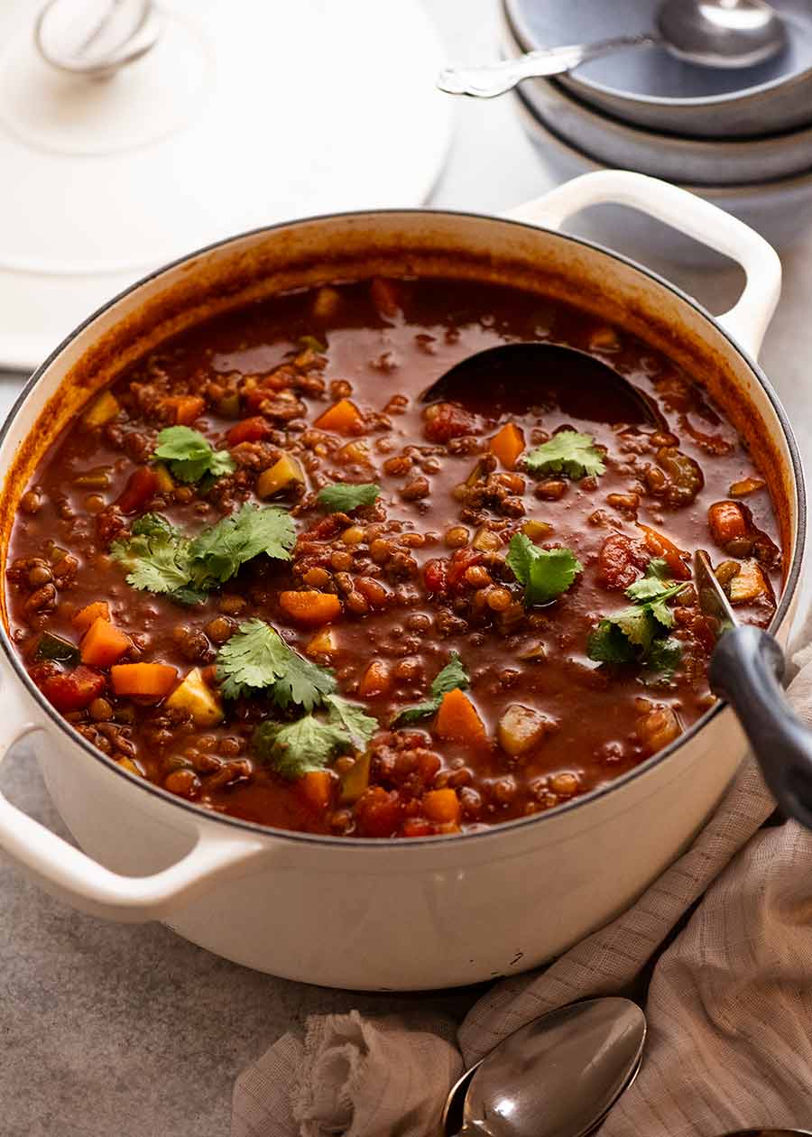 Big pot of Beef and Lentil Soup made with ground beef / beef mince, fresh off the stove