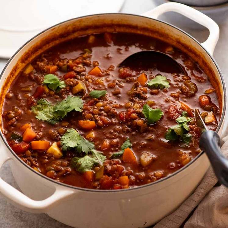 Big pot of Beef and Lentil Soup made with ground beef / beef mince, fresh off the stove