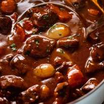 Close up photo of the most amazing Beef Bourguignon I've ever had in my life