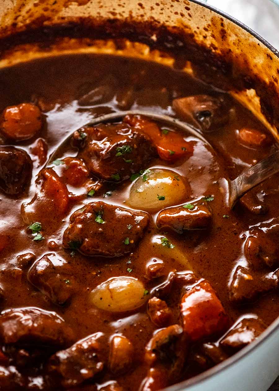 Beef Bourguignon in a pot, ready to be served