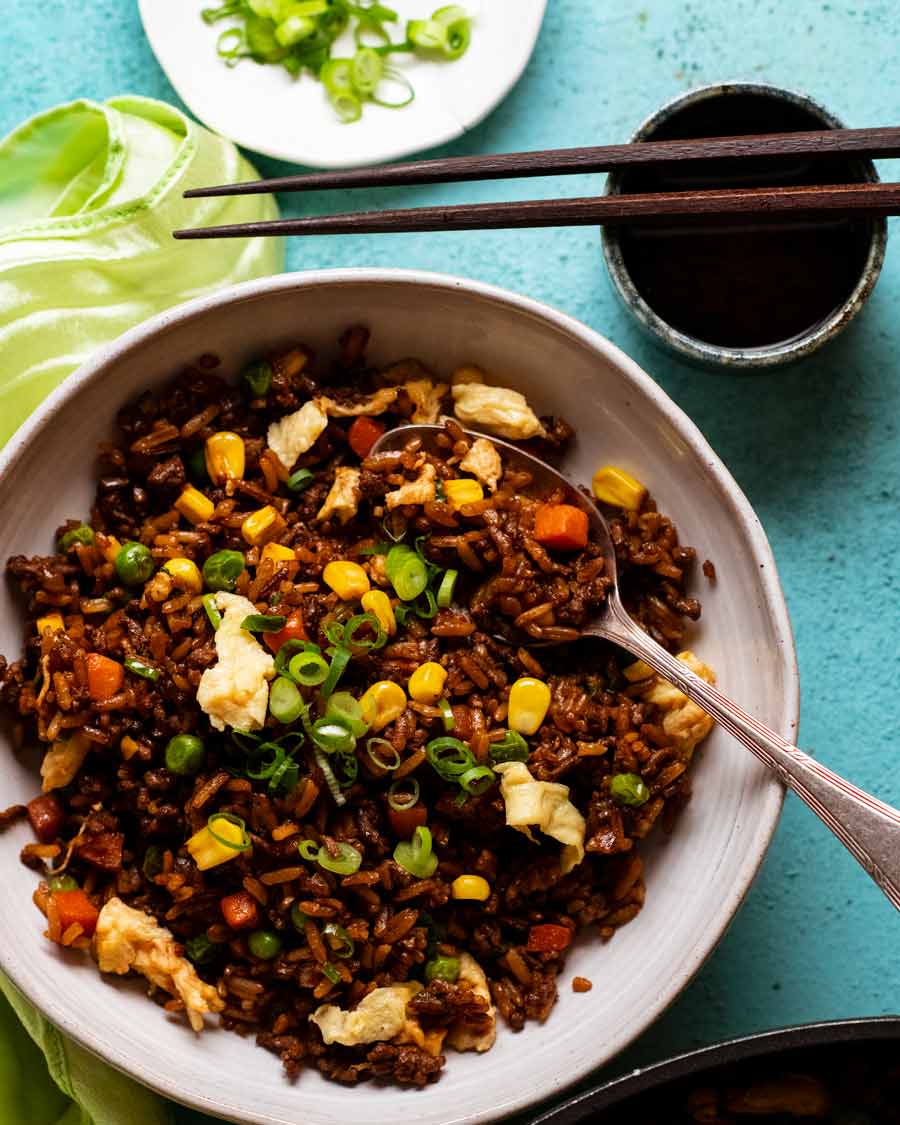 Beef fried rice in a bowl ready to be eaten