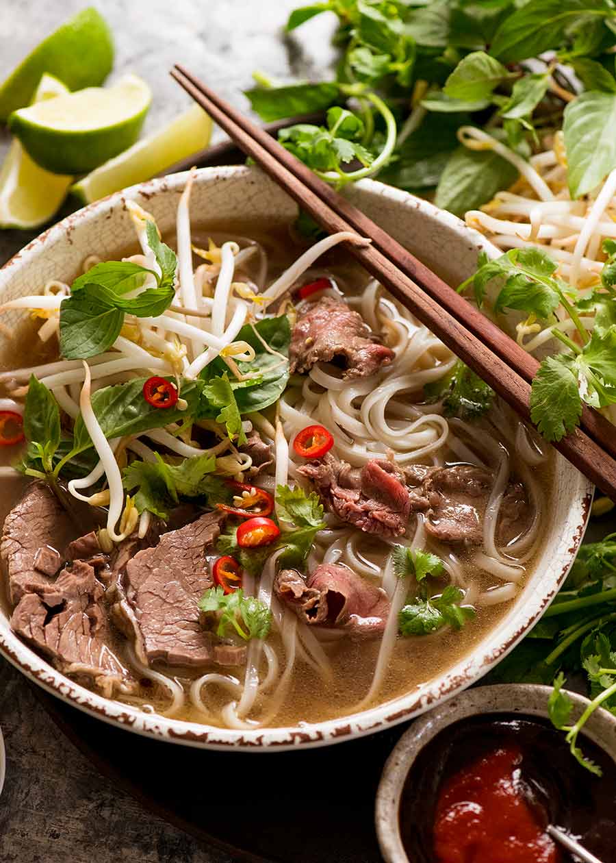 Beef Pho in a bowl, ready to be eaten