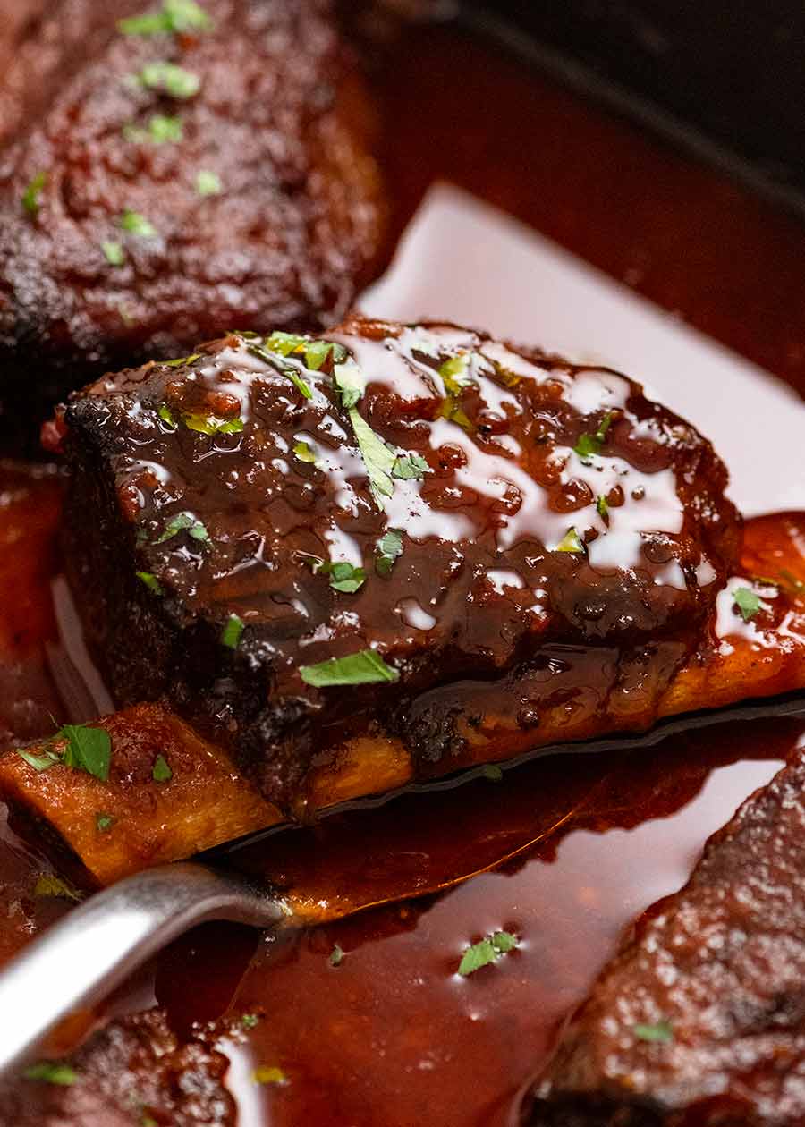 Beef Ribs in barbecue sauce fresh out of the oven, ready to be eaten