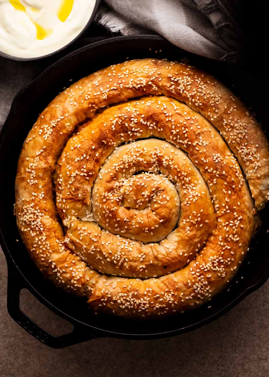 Lamb Borek in a skillet, ready to serve