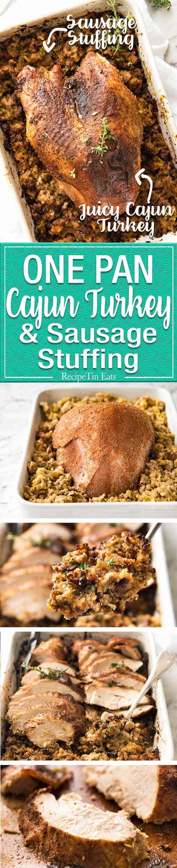 This Cajun dry brined turkey breast is baked in the same roasting pan as the Dressing / Stuffing so it's extra juicy and moist! A chef recipe, this Cajun Baked Turkey Breast with Dressing is easy and spectacular. EPIC ONE PAN COOKING for a Thanksgiving turkey! www.recipetineats.com