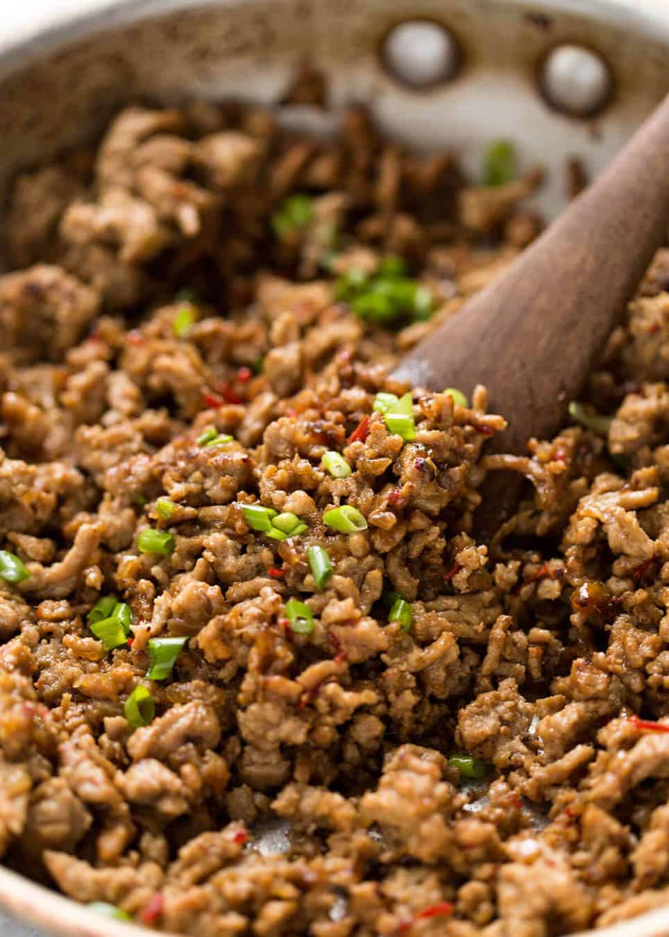 Vietnamese Caramelised Pork Bowls - close up of pork mince recipe, stir fry