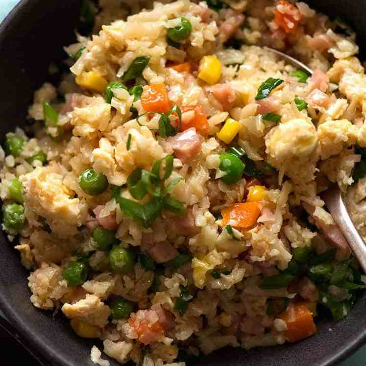 Close up of Cauliflower Fried Rice in a bowl, ready to be eaten