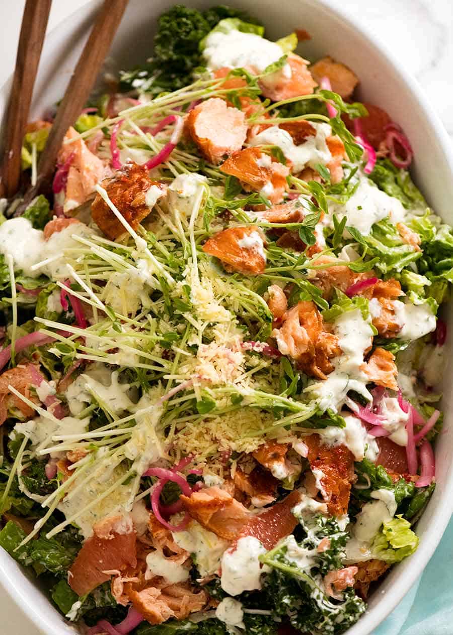 Overhead photo of Celebration Salmon Salad - magnificent show off main dish salad for lunches, Christmas and other holiday feasting occasions!