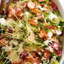 Overhead photo of Celebration Salmon Salad - magnificent show off main dish salad for lunches, Christmas and other holiday feasting occasions!