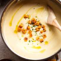 Close up of a freshly made pot of Celeriac Soup