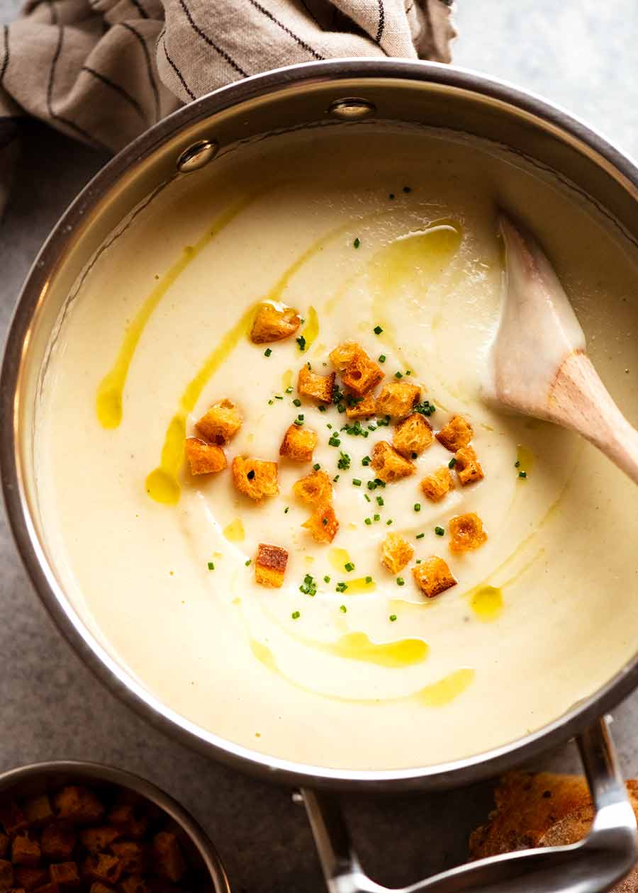 Close up of a freshly made pot of Celeriac Soup