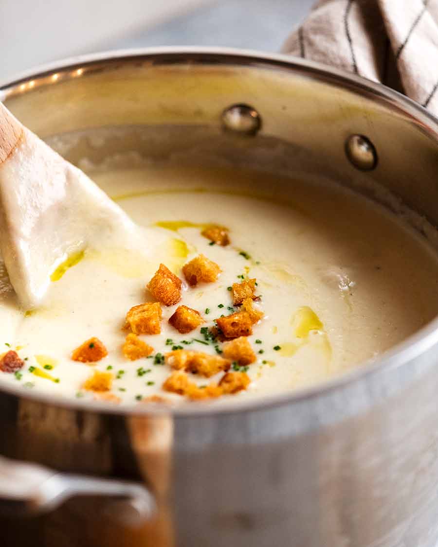 Celeriac Soup in a pot, ready to be served