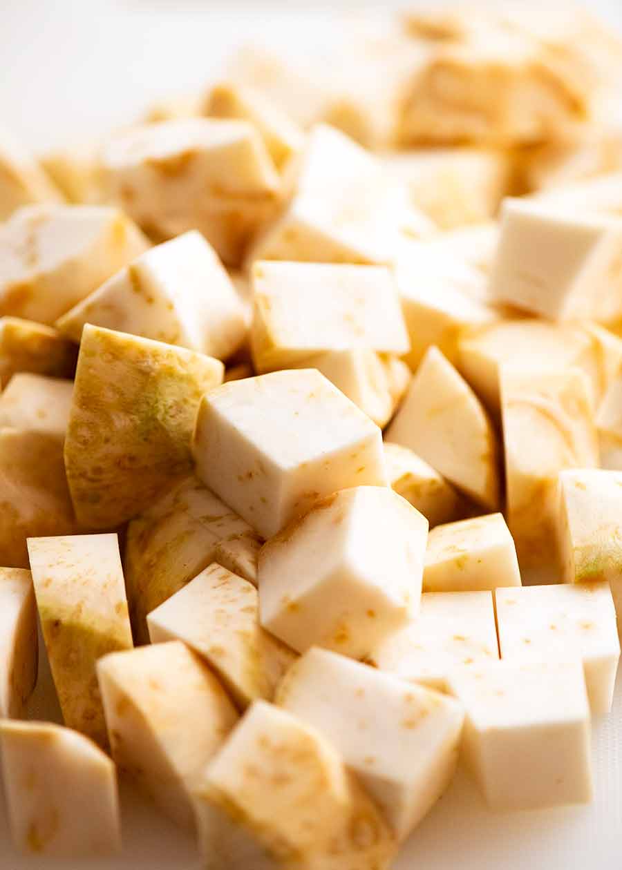 Close up of a pile of chopped Celeriac