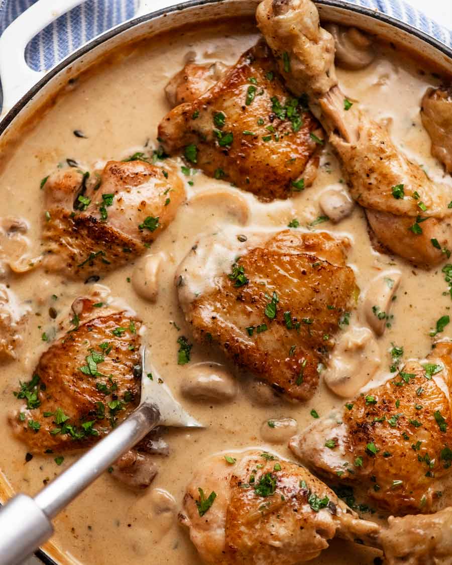 Overhead photo of Chicken Fricassée fresh off the stove