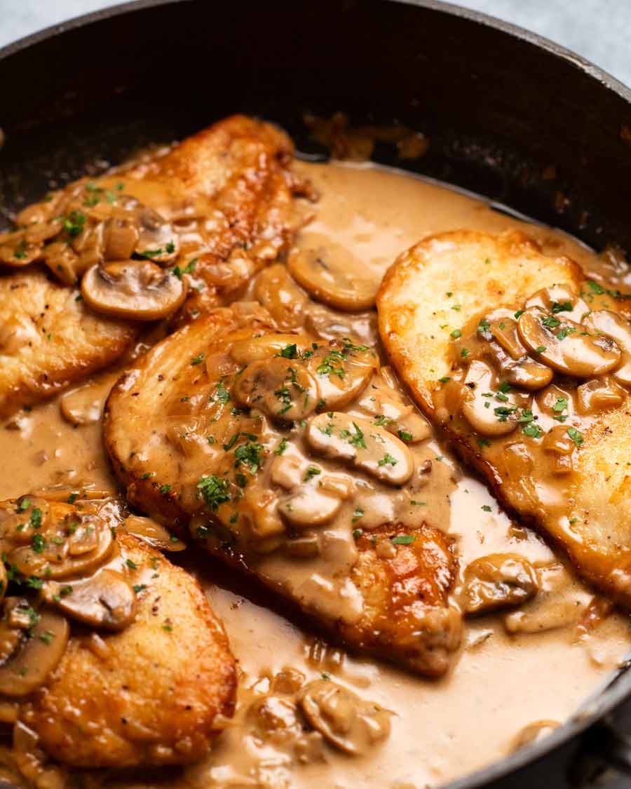 Freshly cooked Chicken Marsala in a pan