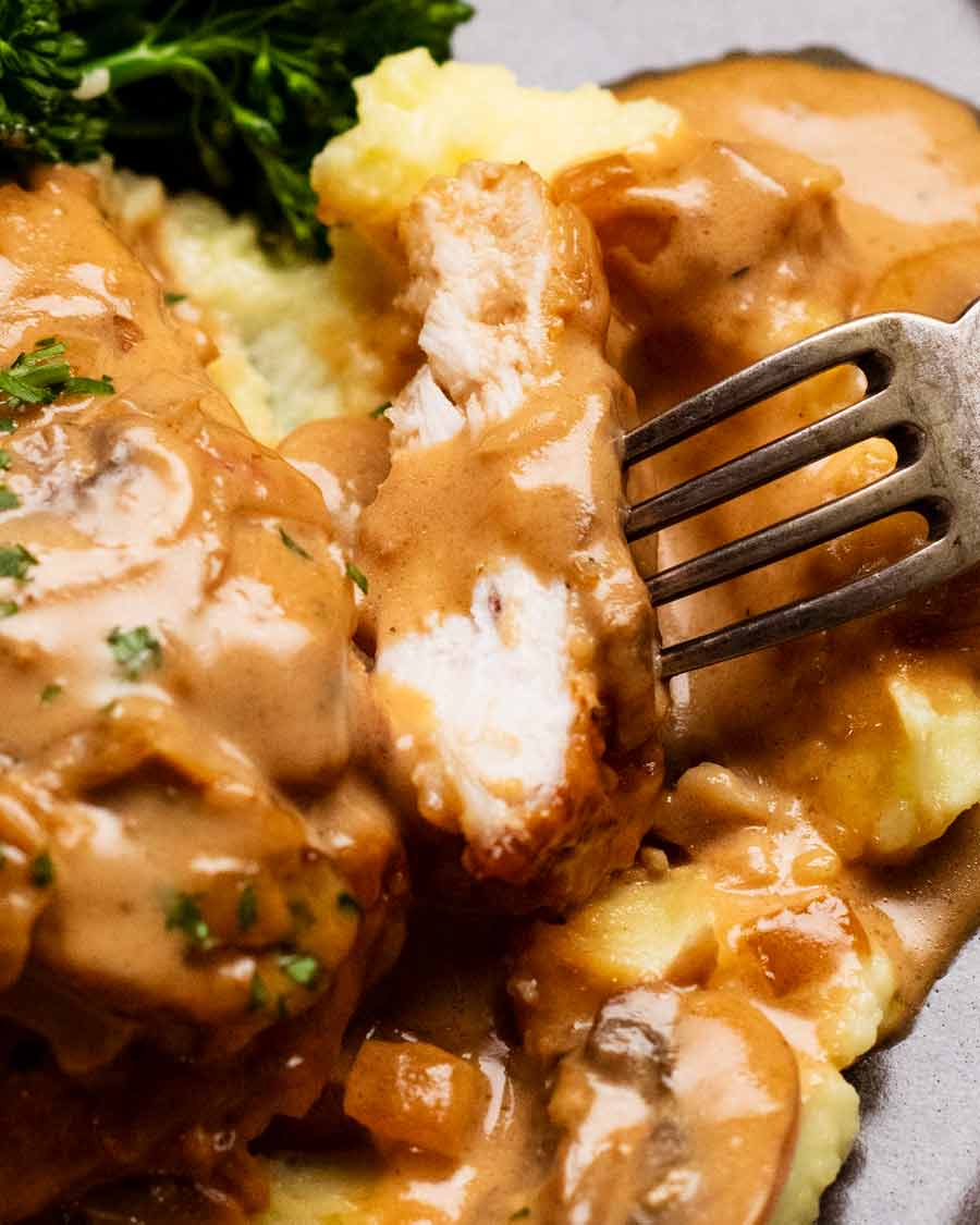 Close up of eating Chicken Marsala