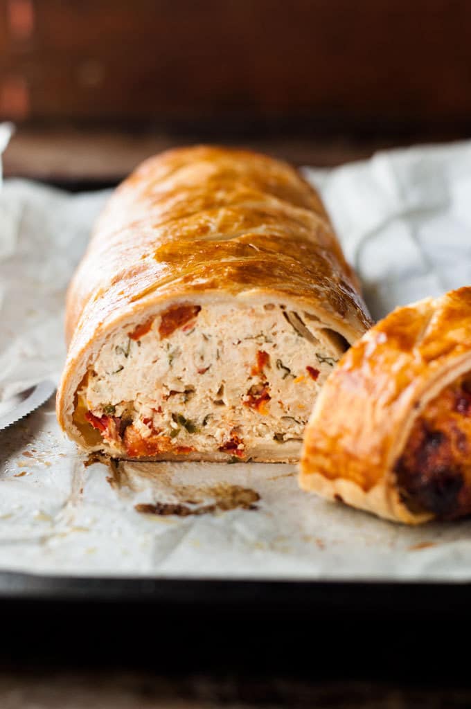 Chicken Meatloaf Wellington sliced to show inside