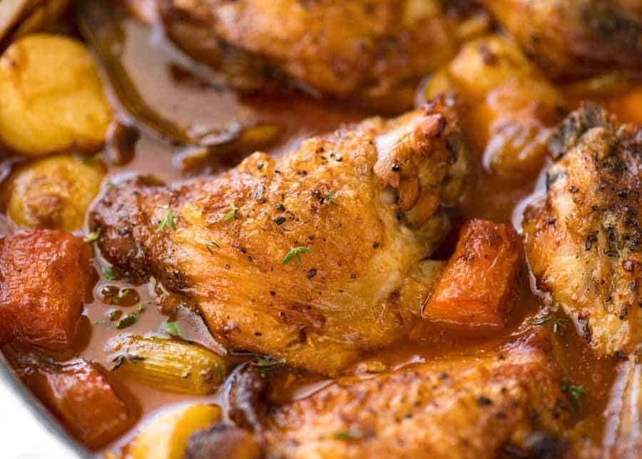 Close up of crispy skinned chicken in Chicken Stew