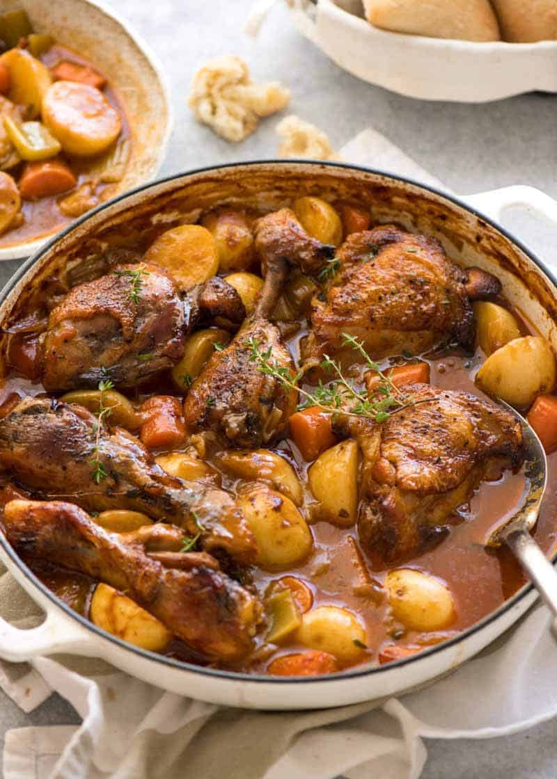 Chicken Stew in a dutch oven, fresh out of the oven.