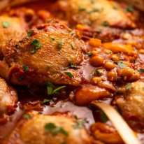 Close up photo of Moroccan Chicken Tagine, fresh off the stove