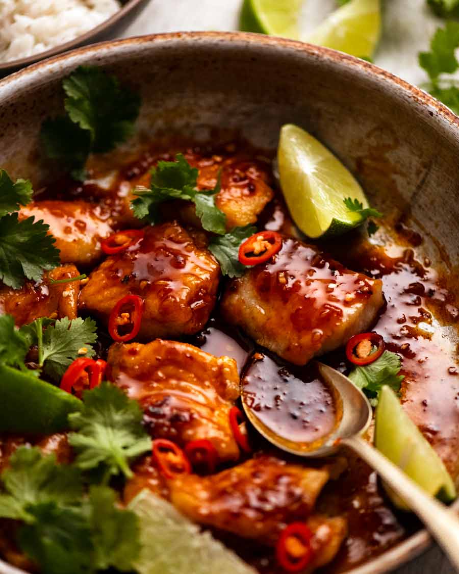 Close up of freshly made Chilli Lime Fish in a skillet