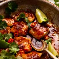 Close up of freshly made Chilli Lime Fish in a skillet