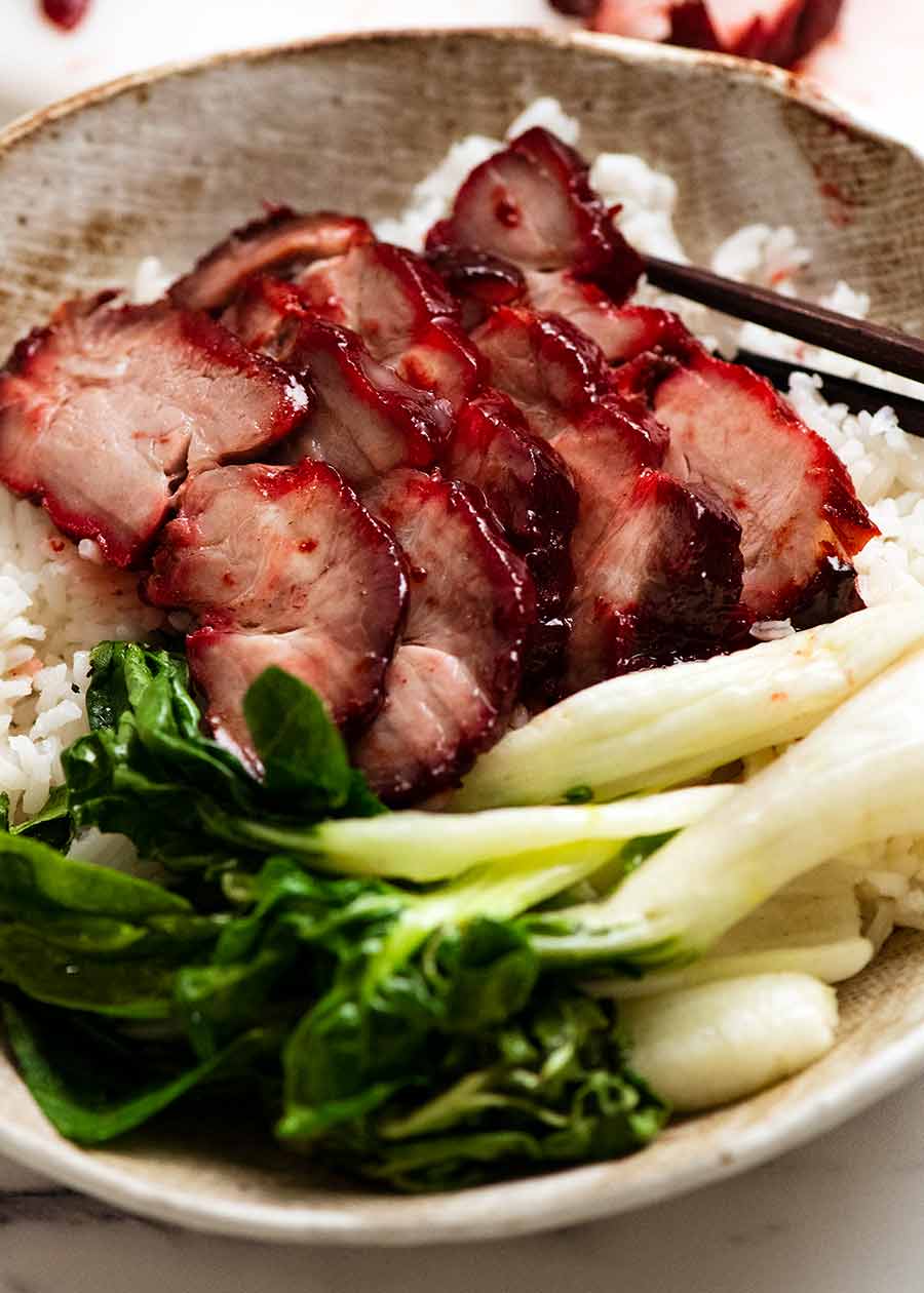 Slice of Char Siu Pork served over rice