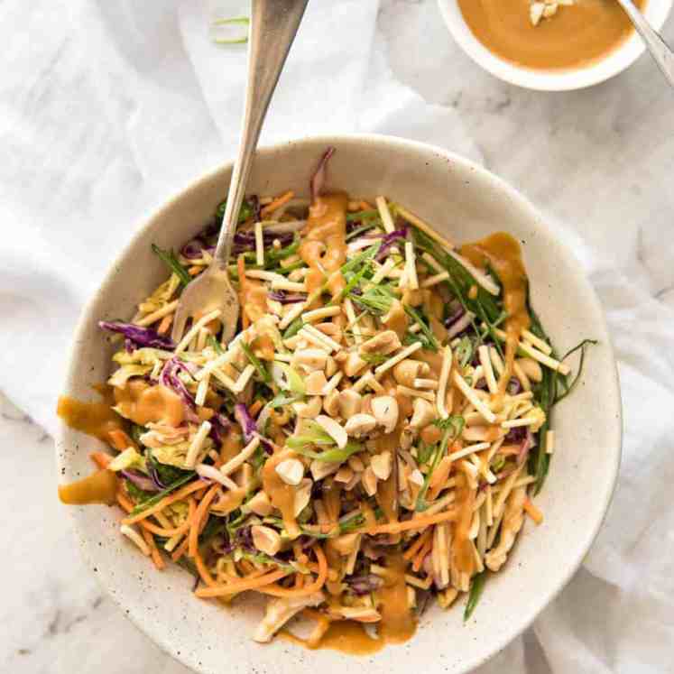 Chinese Chicken Salad with Peanut Dressing - made with cabbage, shredded chicken, crunchy noodles, carrot and a killer peanut dressing! recipetineats.com