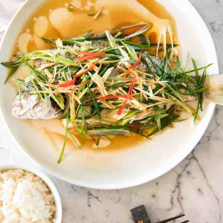 A Chinese Steamed Fish topped with Ginger and Shallots and seasonings, with hot oil poured over it to create a dramatic sizzle and an amazing sauce. So simple, yet so utterly delicious. Steam OR bake the fish! recipetineats.com