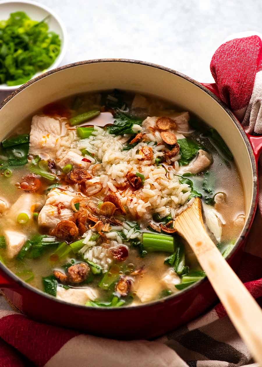 Chinese Rice Soup in a pot, ready to be served