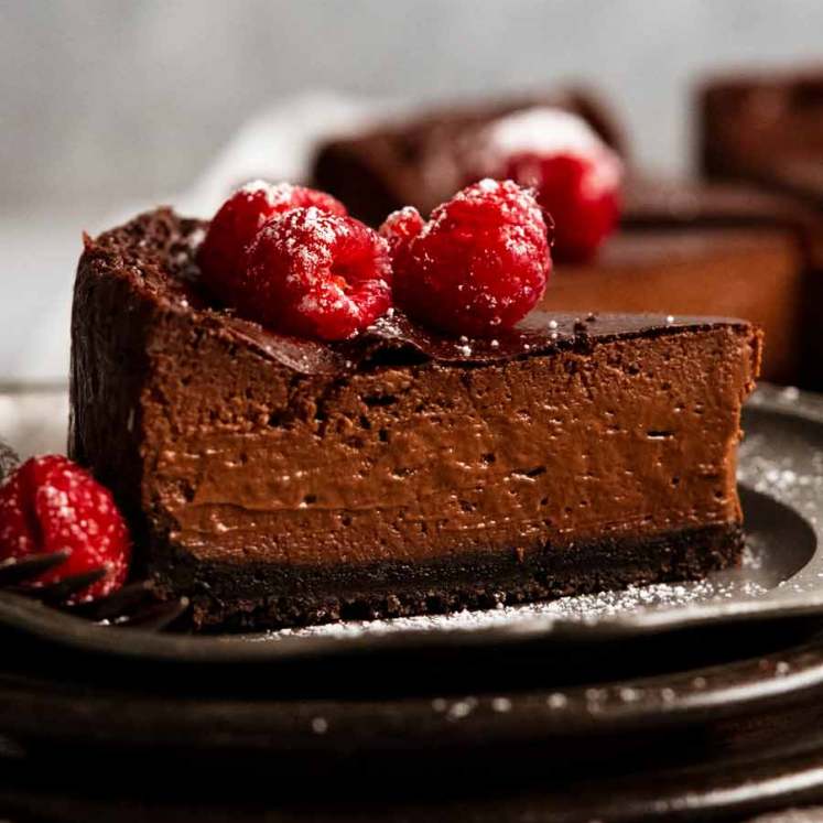 Slice of Chocolate custard cake on a plate