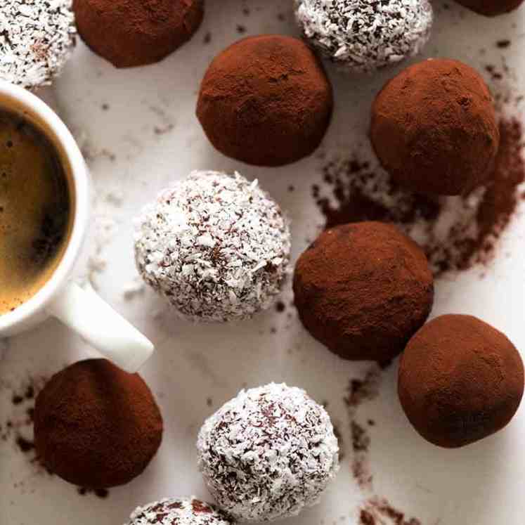 Overhead photo of homemade Chocolate Truffles with coffee