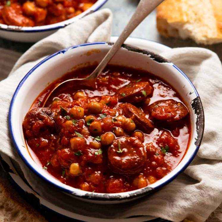 Chorizo chickpea stew in a bowl