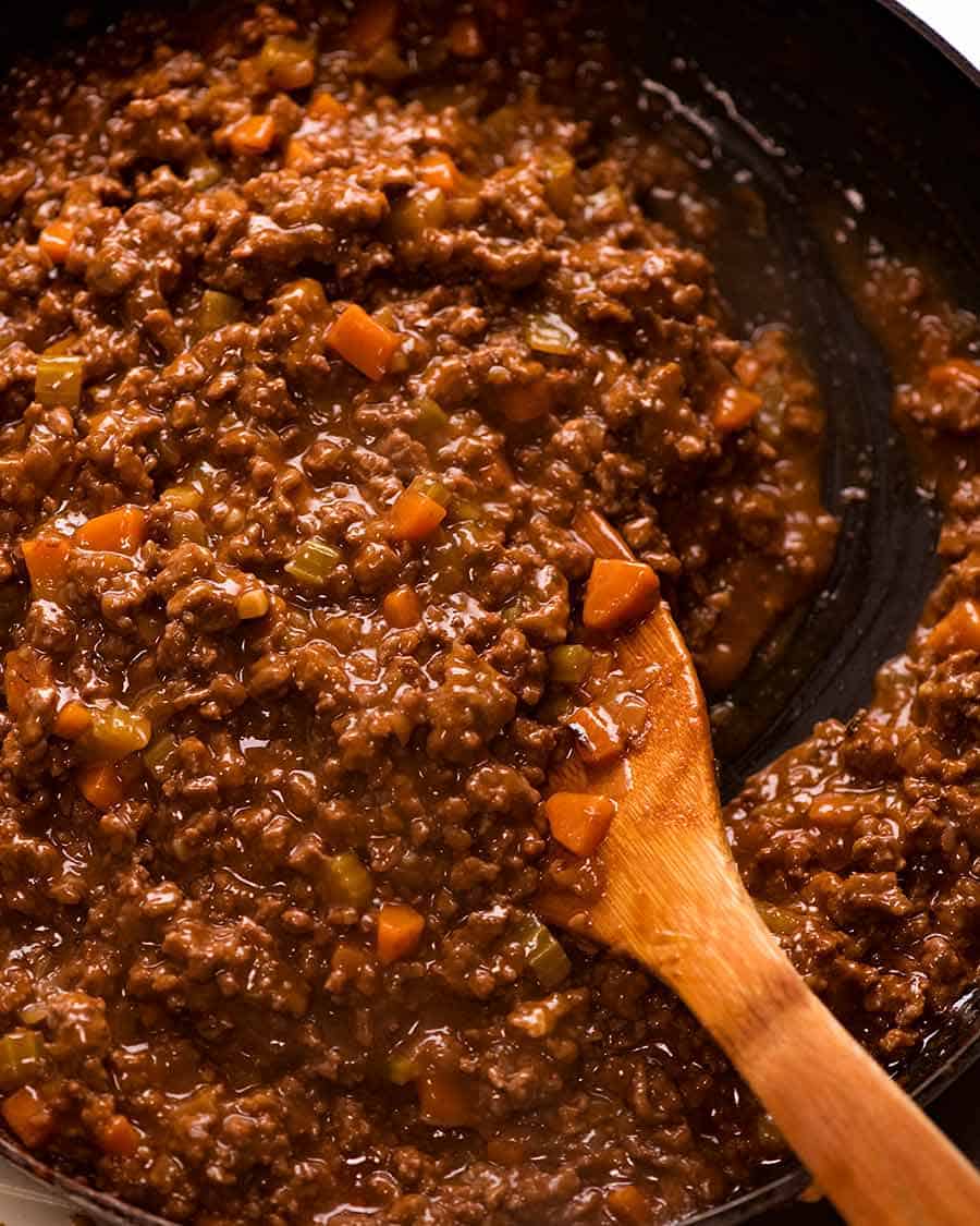 Close up of beef filling for Cottage Pie ready to put in casserole dish