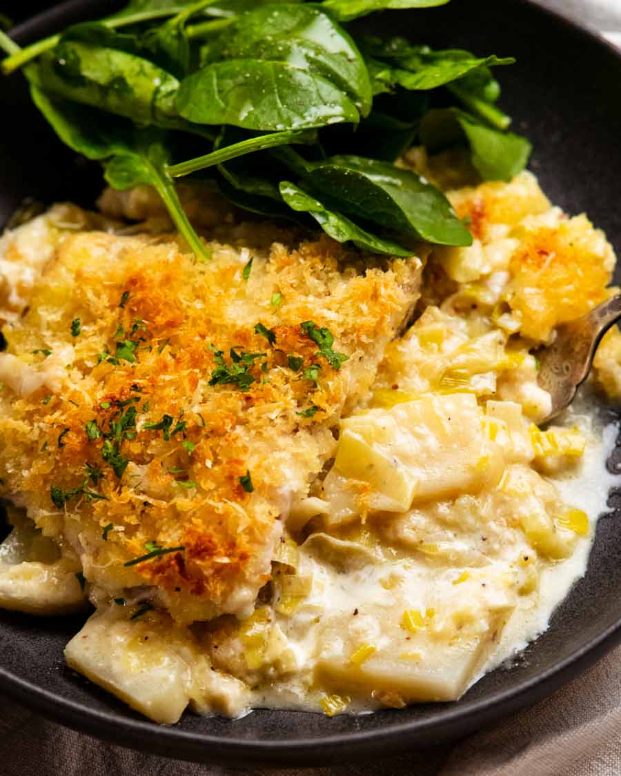 Plate of Creamy fish on potato gratin