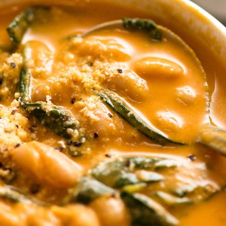 Close up of creamy tomato White Bean Soup in a bowl